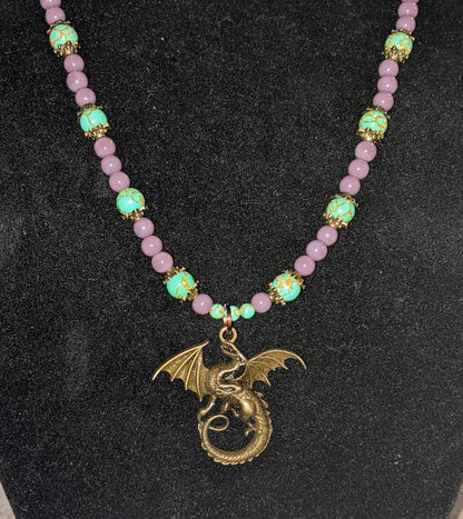 Purple & Green Mosaic Beaded Necklace with Dragon Pendant