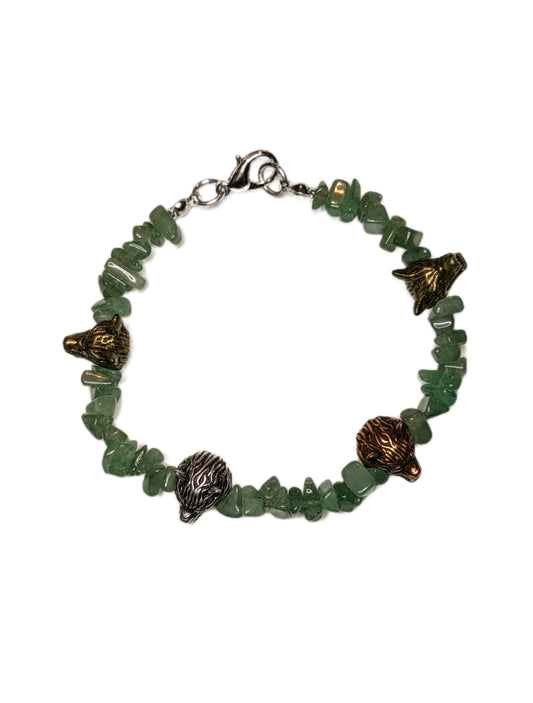 Wolf & Gems-Green Aventurine and Metal Wolf Head Charms Beaded Bracelet