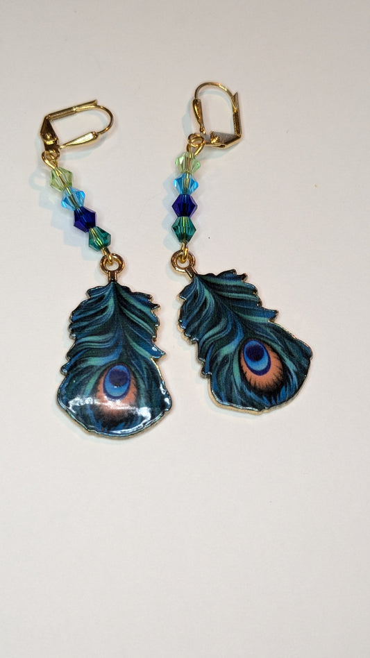 Painted Peacock Feather Beaded Earrings