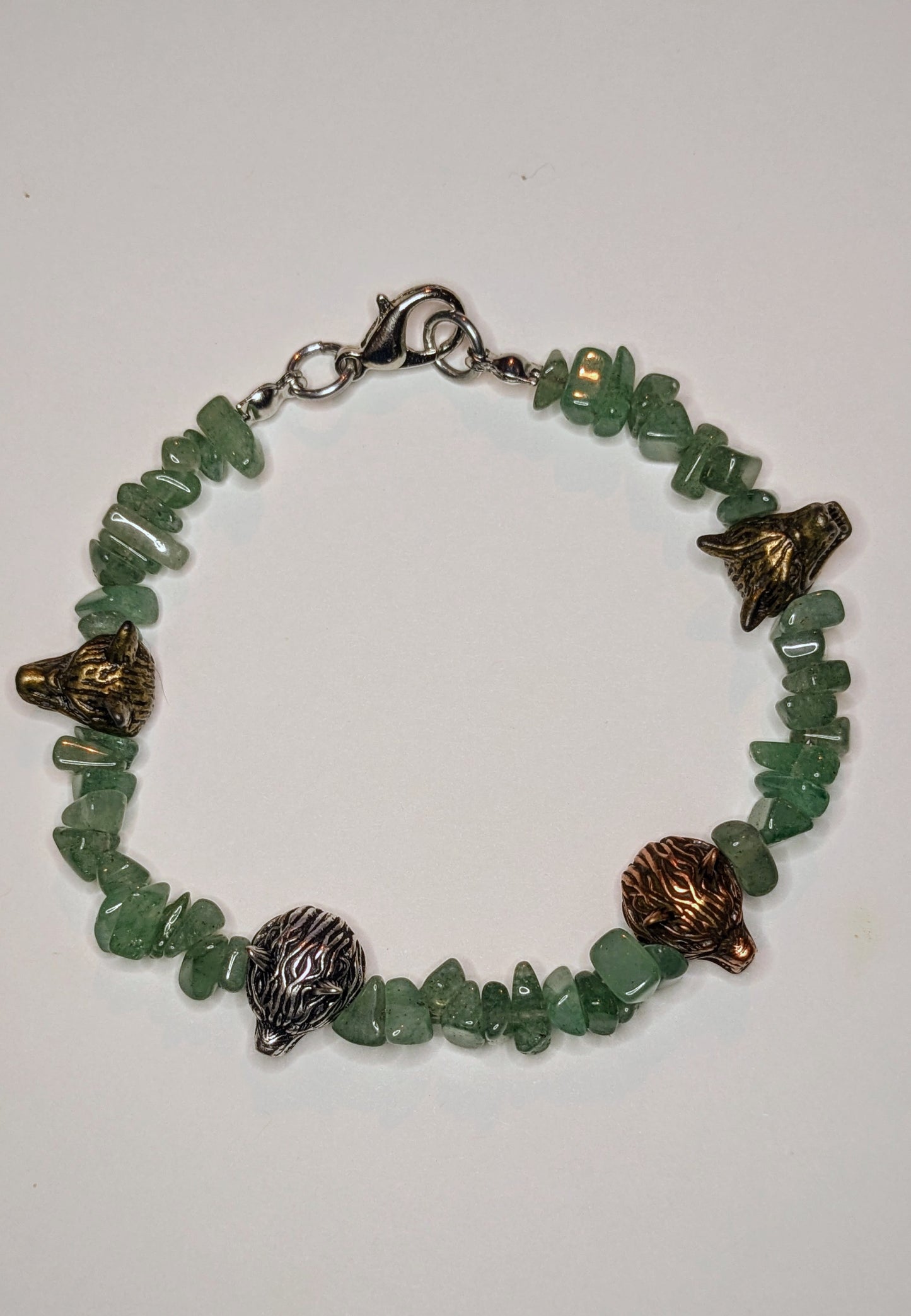 Wolf & Gems-Green Aventurine and Metal Wolf Head Charms Beaded Bracelet