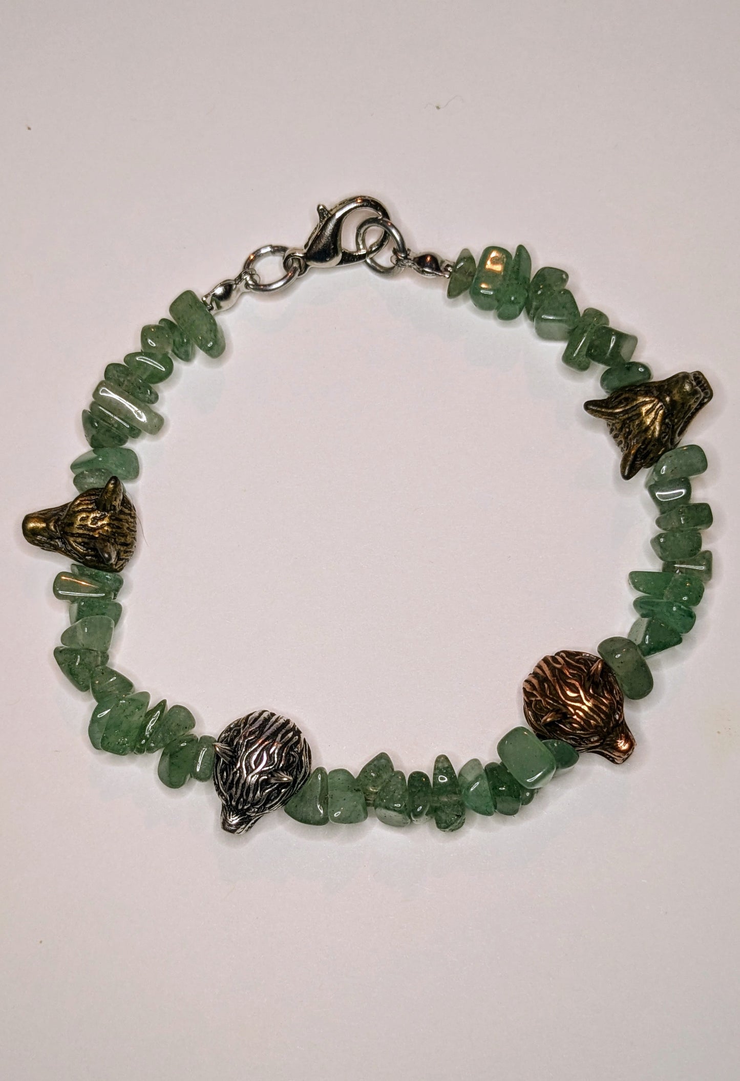 Wolf & Gems-Green Aventurine and Metal Wolf Head Charms Beaded Bracelet