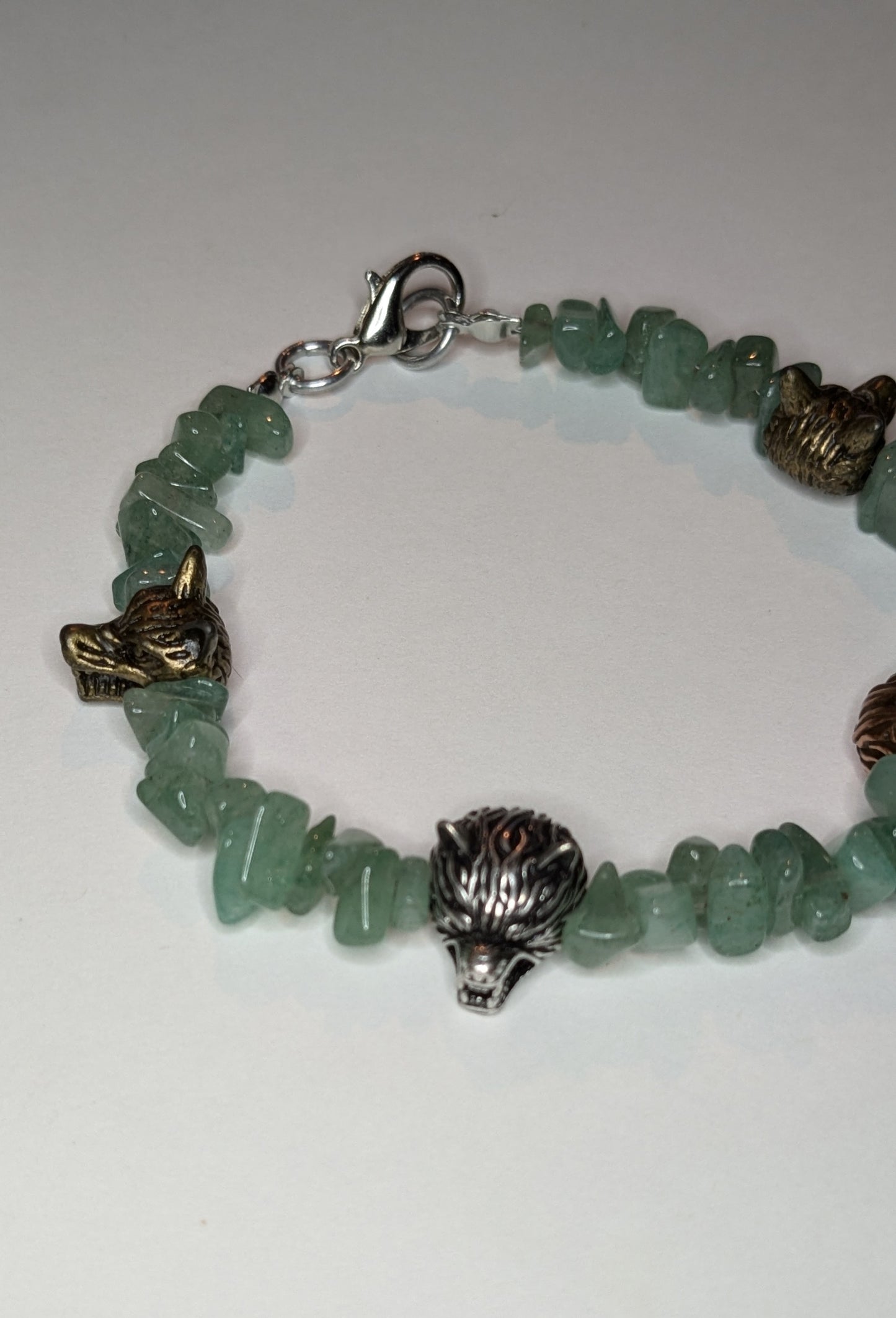 Wolf & Gems-Green Aventurine and Metal Wolf Head Charms Beaded Bracelet