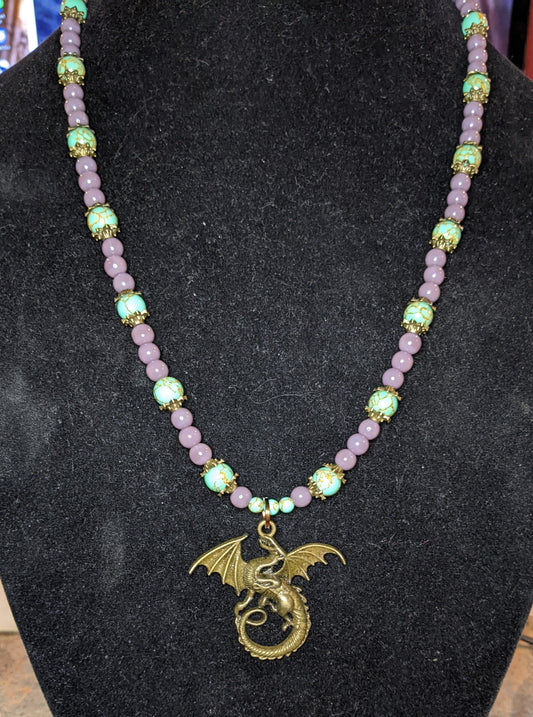 Purple & Green Mosaic Beaded Necklace with Dragon Pendant