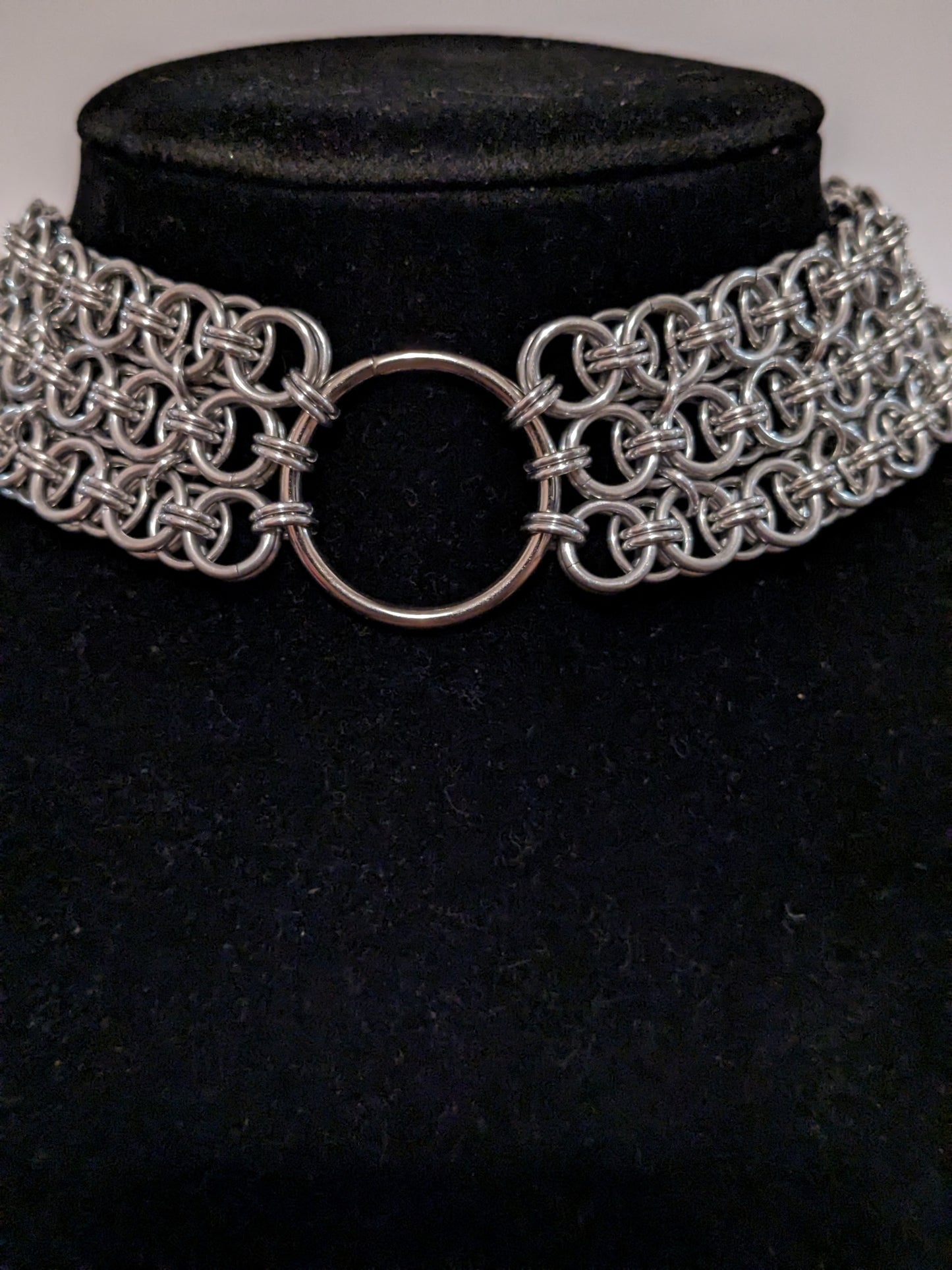 Wide helm weave chainmail choker with an O ring focal