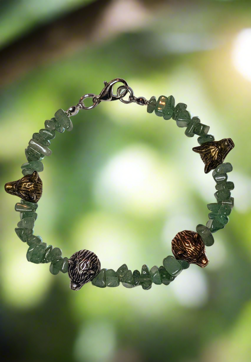 Wolf & Gems-Green Aventurine and Metal Wolf Head Charms Beaded Bracelet