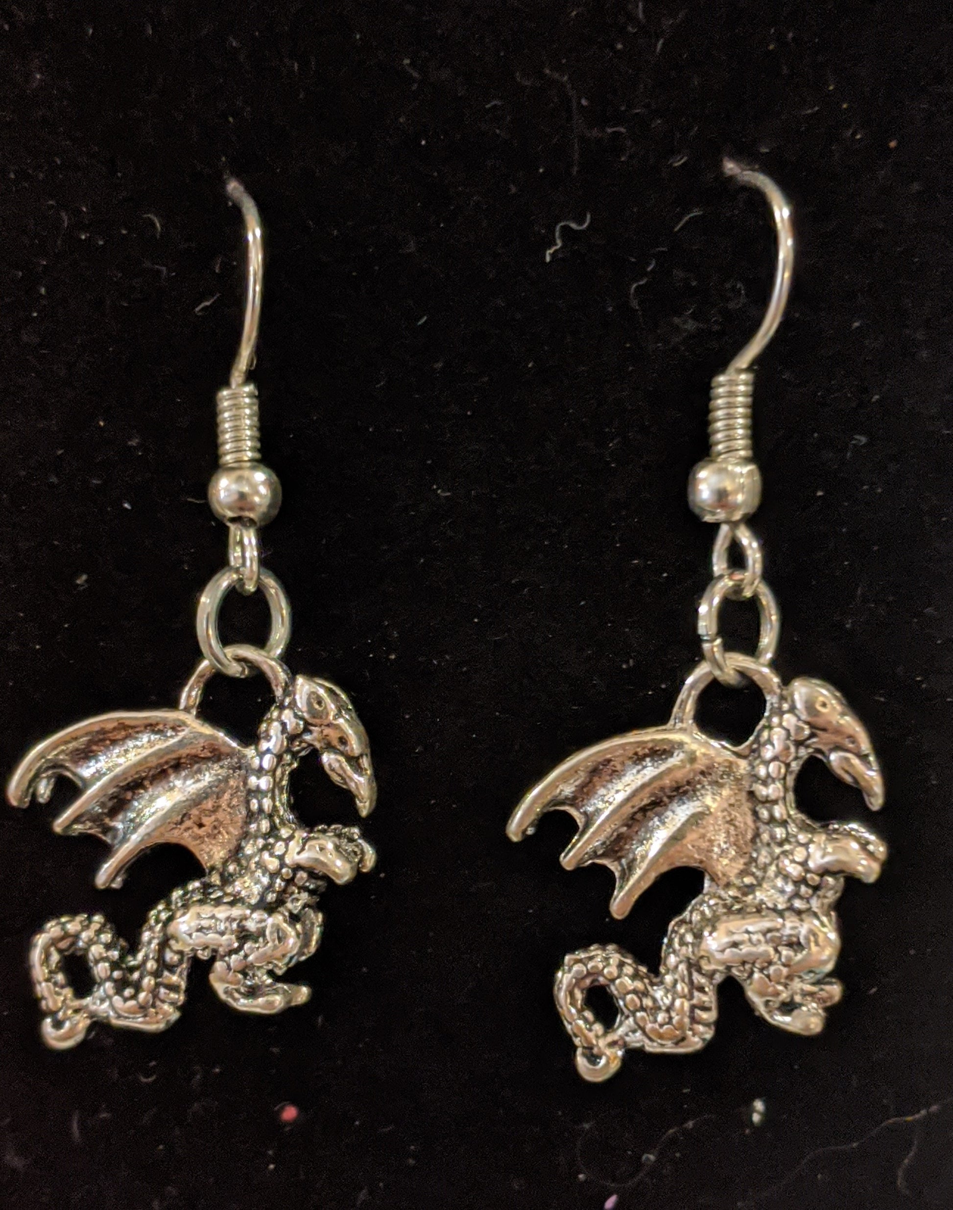 Adorable Silver Toned Dragon Dangle Earrings Beaded Earrings Dragon & Wolf Designs Simple  