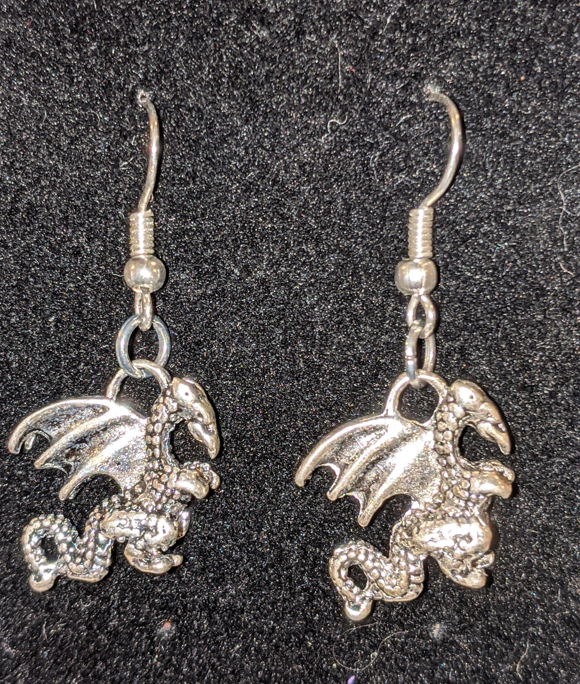 Adorable Silver Toned Dragon Dangle Earrings Beaded Earrings Dragon & Wolf Designs   