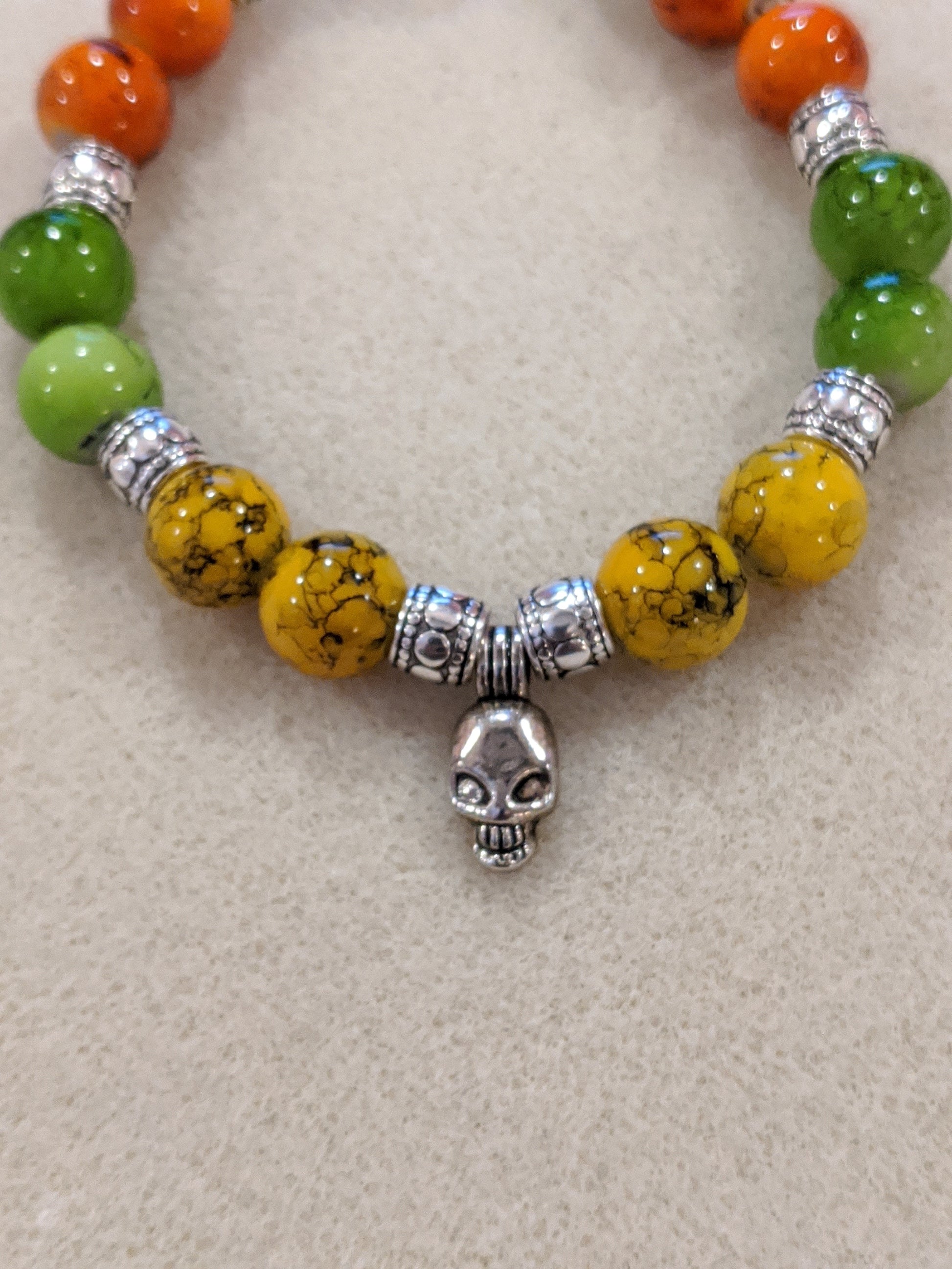 Colorful Beaded Bracelet With Silver Toned Skull Focal Beaded Bracelets Dragon & Wolf Designs   