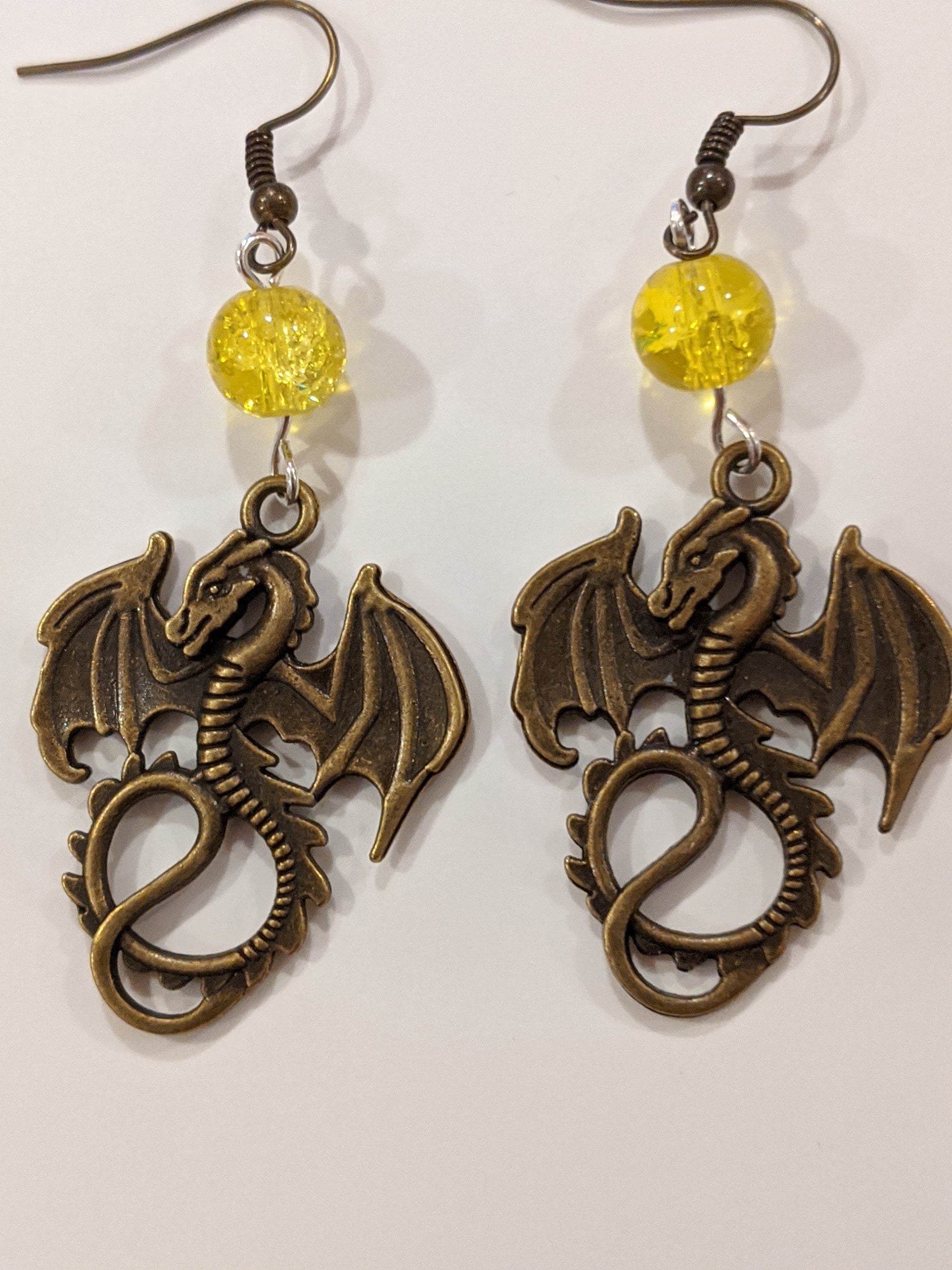 Dragon and Yellow Glass Bead Dangle Earrings Beaded Earrings Dragon & Wolf Designs   