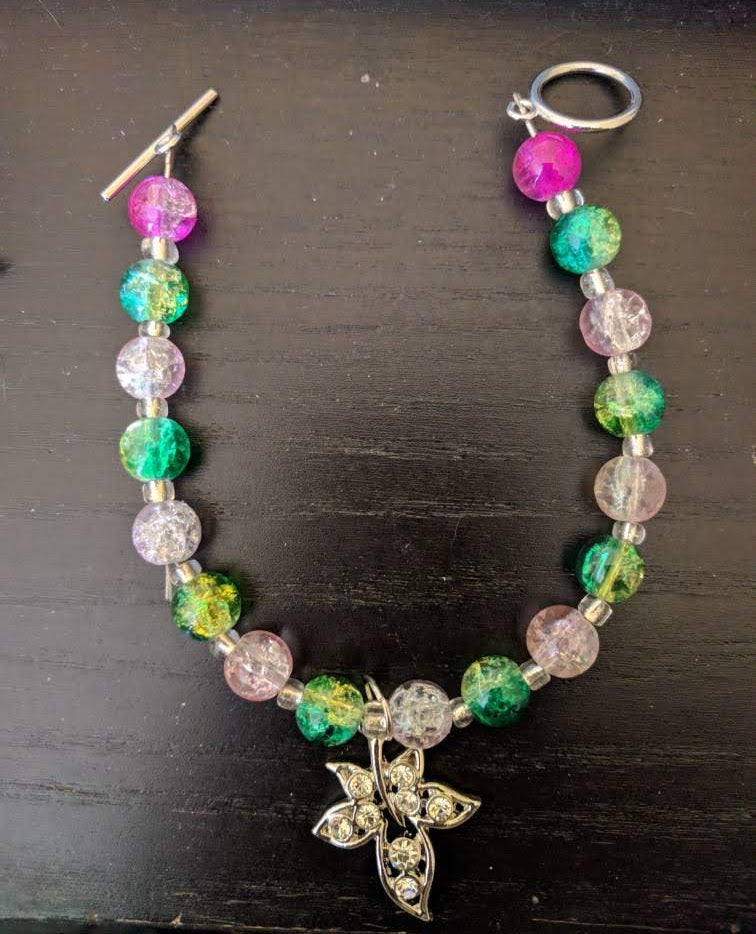 Pink and Green Crackle Beaded Bracelet with Rhinestone Ivy Leaf Charm Beaded Bracelets Dragon & Wolf Designs   
