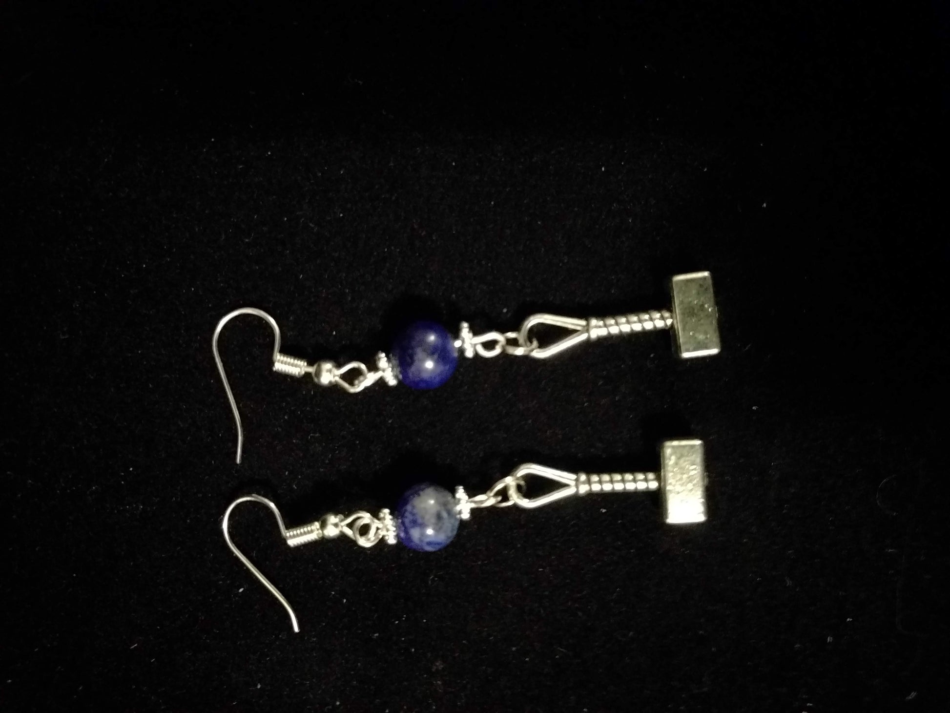 Beaded Silver Toned Hammer Charm Dangle Earrings Beaded Earrings Dragon & Wolf Designs lapis lazuli, pewter  