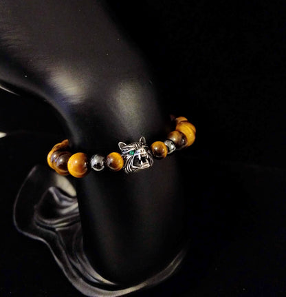 Wolf head and tiger's eye beaded bracelet with magnetic clasp Beaded Bracelets Dragon & Wolf Designs   
