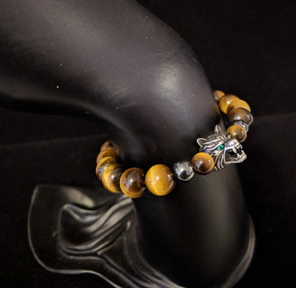 Wolf head and tiger's eye beaded bracelet with magnetic clasp Beaded Bracelets Dragon & Wolf Designs   