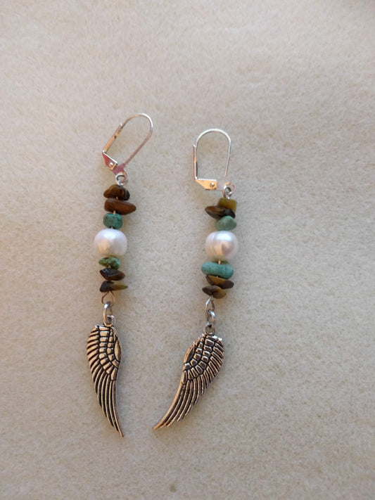 Lovely tigers eye, turquoise and freshwater pearl beaded earrings with silver wing Beaded Earrings Dragon & Wolf Designs   