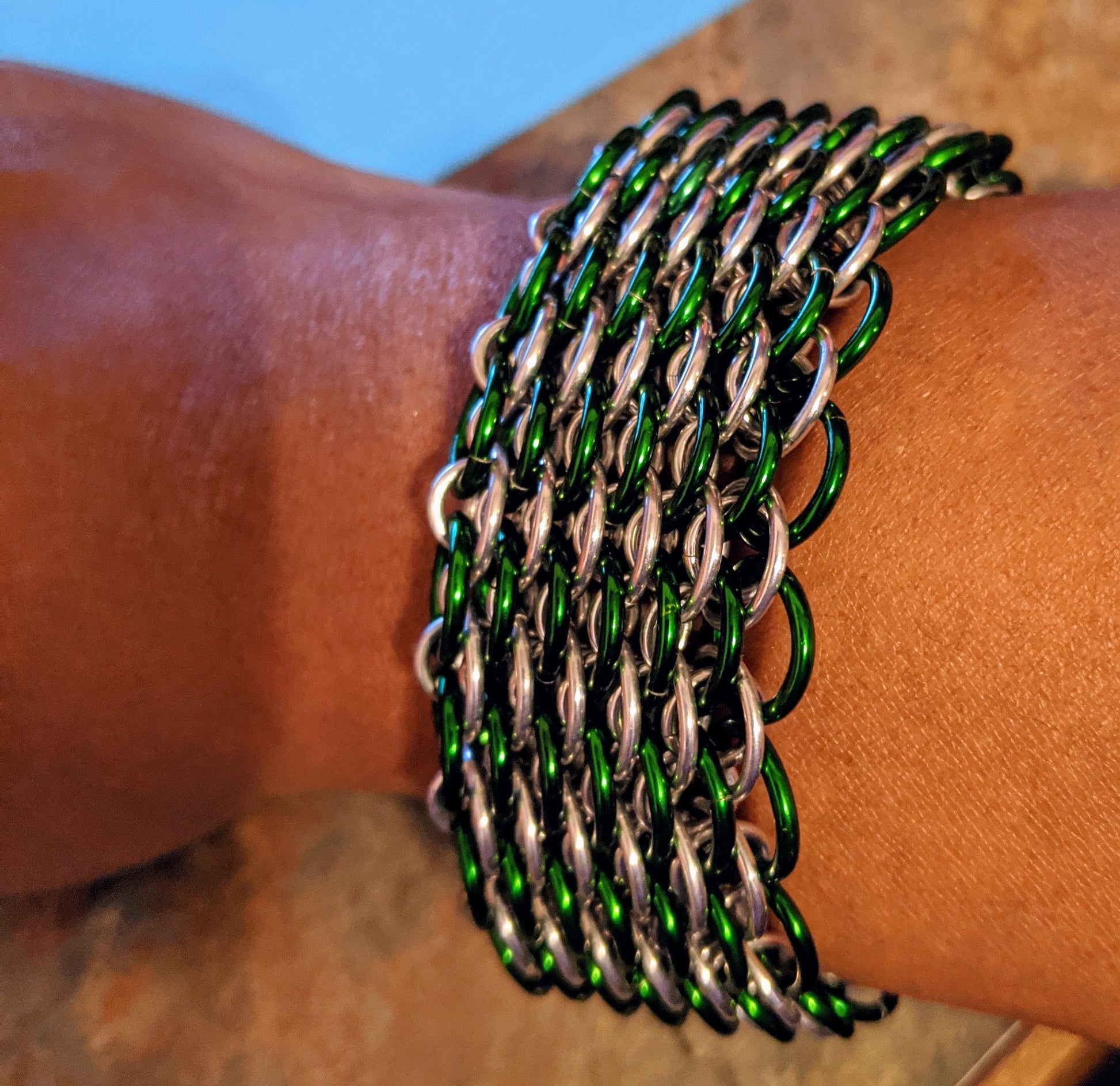 Dragonscale Chainmail Bracelets Chainmail Bracelets Dragon & Wolf Designs Green and Silver  
