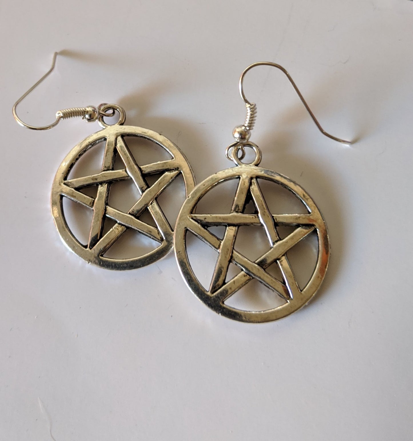 Pentagram Pagan Wiccan Spiritual Dangle Earrings Dangle Earrings Dragon & Wolf Designs Silver Tone  