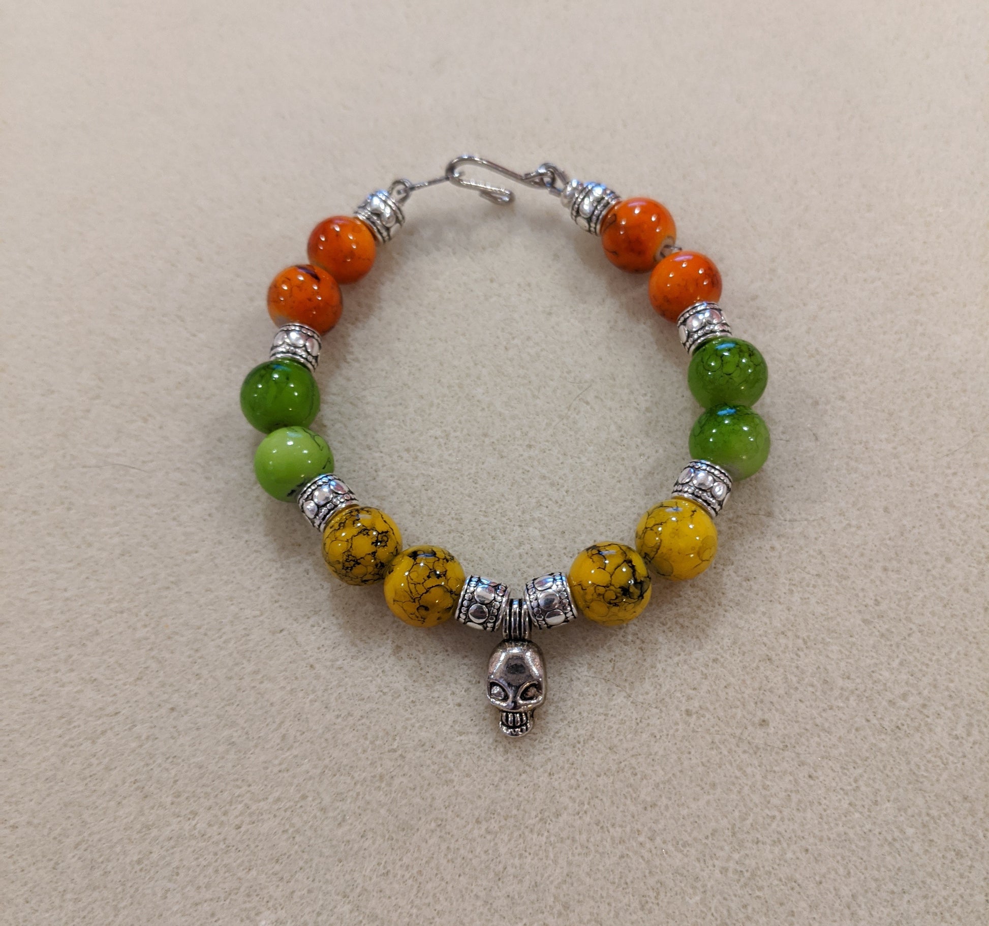 Colorful Beaded Bracelet With Silver Toned Skull Focal Beaded Bracelets Dragon & Wolf Designs   