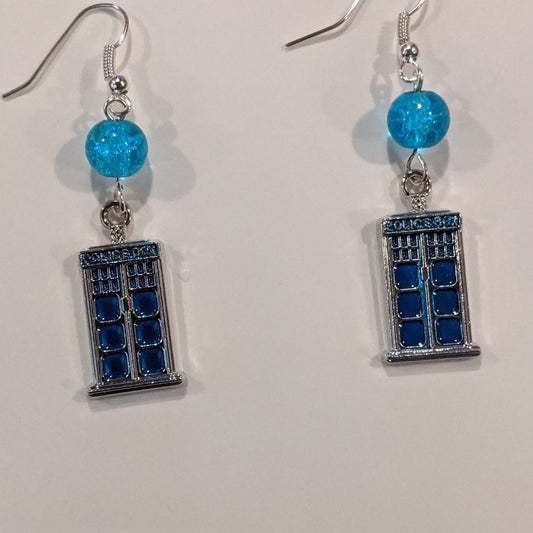 Police Call Box Earrings Dangle Earrings Dragon & Wolf Designs Blue crackle bead  