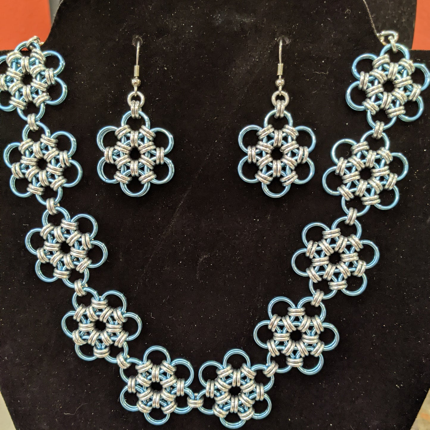 Japanese Flower Chainmail Jewelry Set Chainmail Jewelry Sets Dragon & Wolf Designs Blue and Silver  