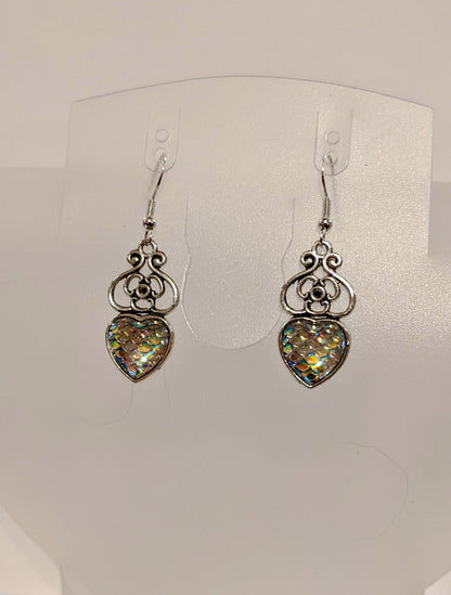 Iridescent Scale Charm Dangle Earrings Beaded Earrings Dragon & Wolf Designs Heart iridescent  