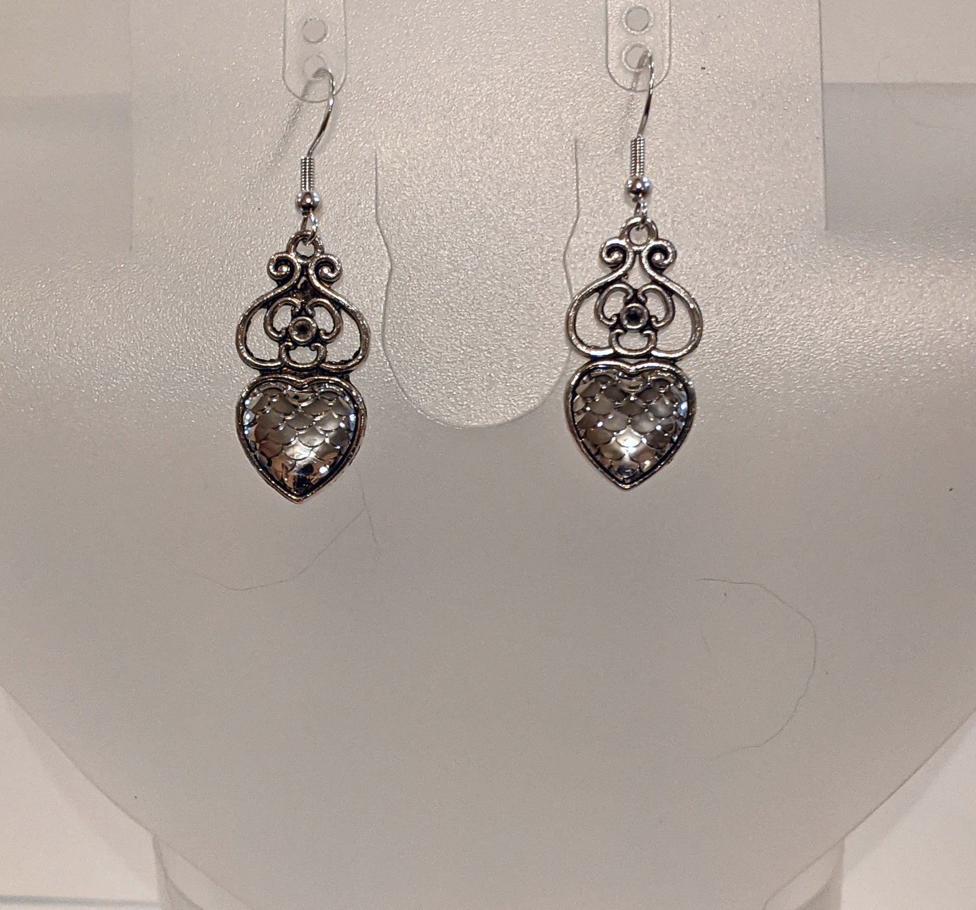 Iridescent Scale Charm Dangle Earrings Beaded Earrings Dragon & Wolf Designs Heart silver  