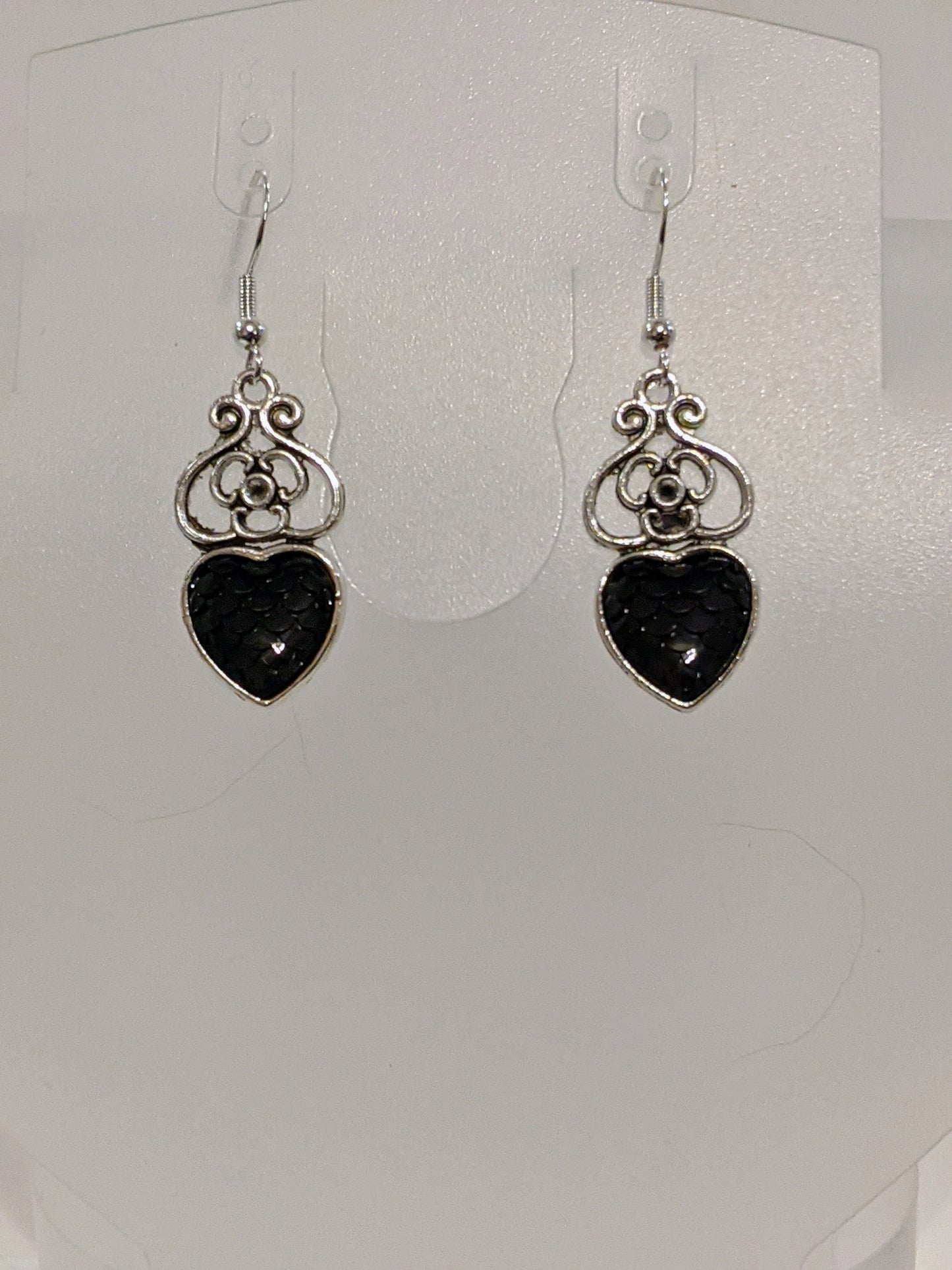 Iridescent Scale Charm Dangle Earrings Beaded Earrings Dragon & Wolf Designs Heart black  