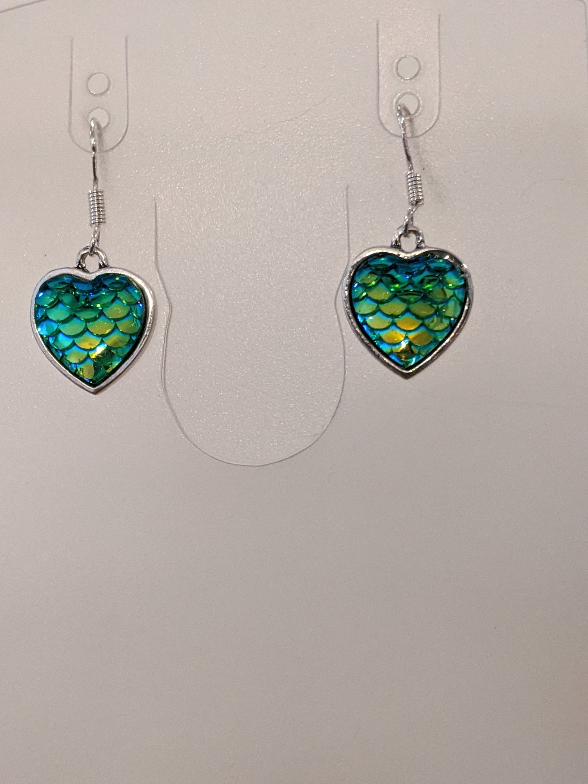 Iridescent Scale Charm Dangle Earrings Beaded Earrings Dragon & Wolf Designs Green Plain Heart  