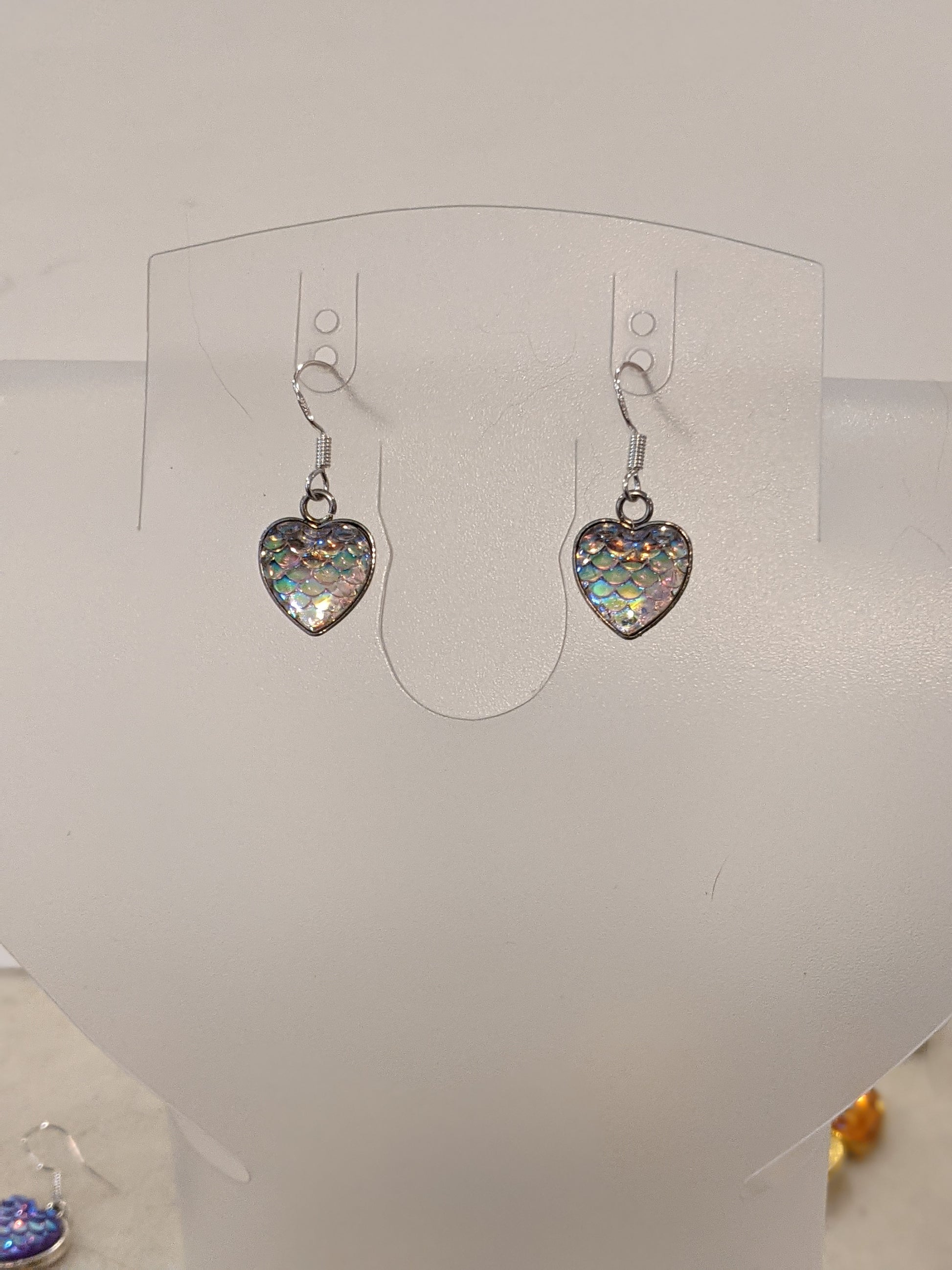 Iridescent Scale Charm Dangle Earrings Beaded Earrings Dragon & Wolf Designs Silver Plain Heart  