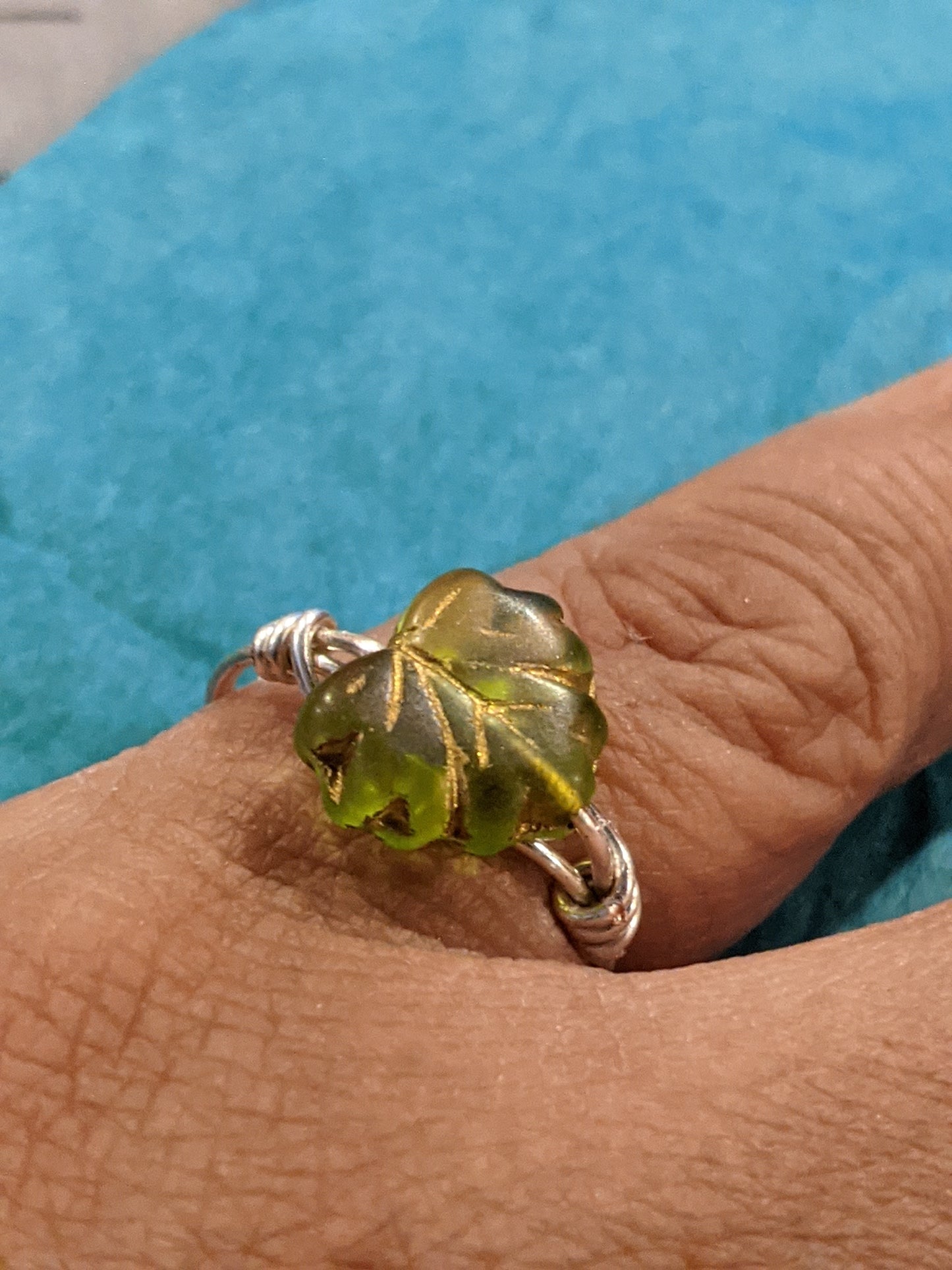Czech Pressed Glass Leaf Wire Wrapped Ring Wire Wrapped Rings Dragon & Wolf Designs   