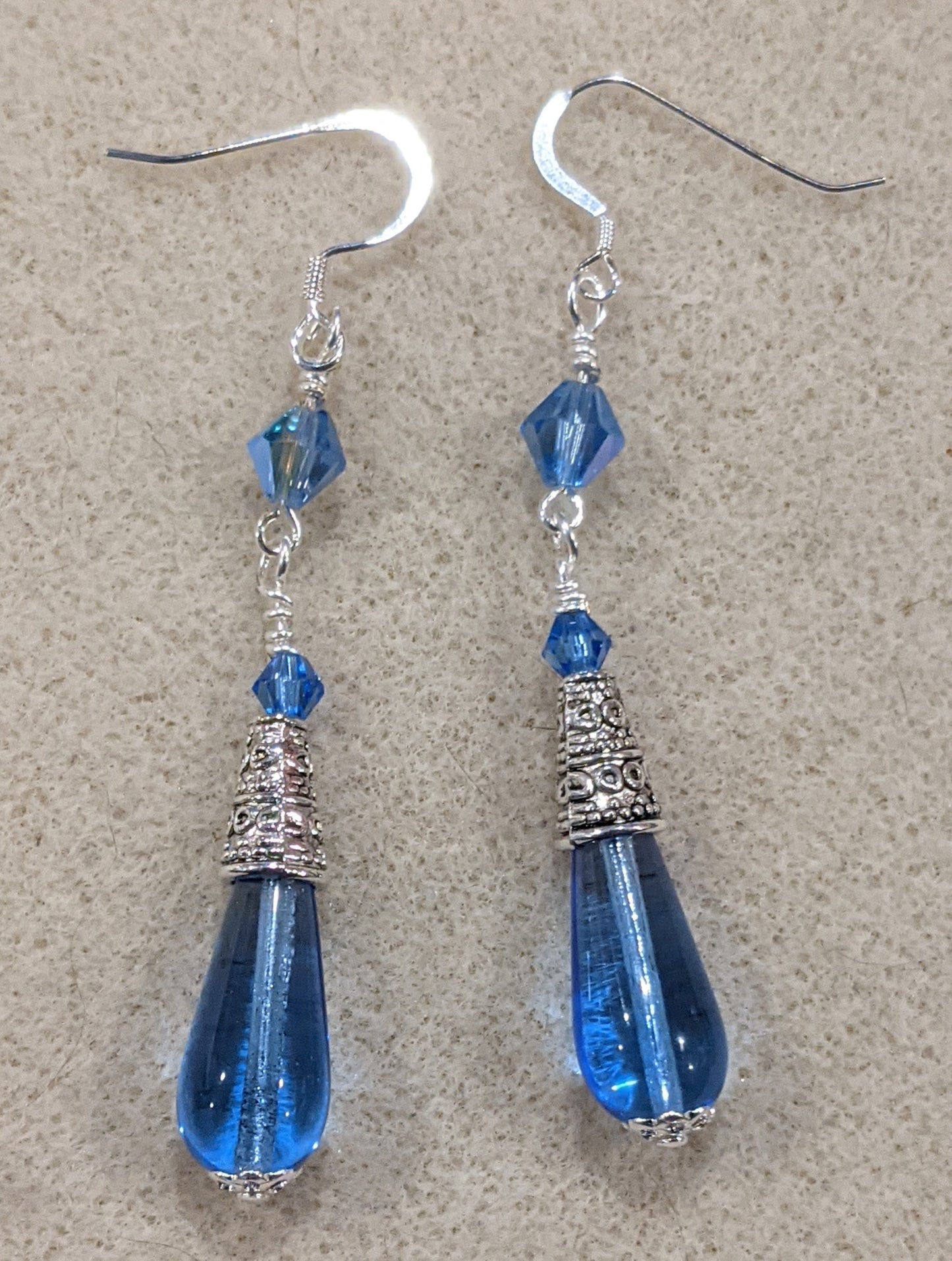 Czech Pressed Glass Dangle Earrings Beaded Earrings Dragon & Wolf Designs Sapphire blue  