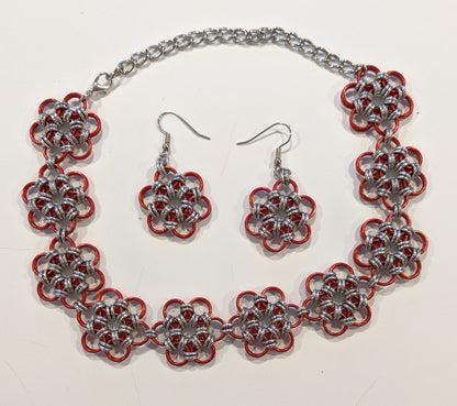 Japanese Flower Chainmail Jewelry Set Chainmail Jewelry Sets Dragon & Wolf Designs Red and silver  