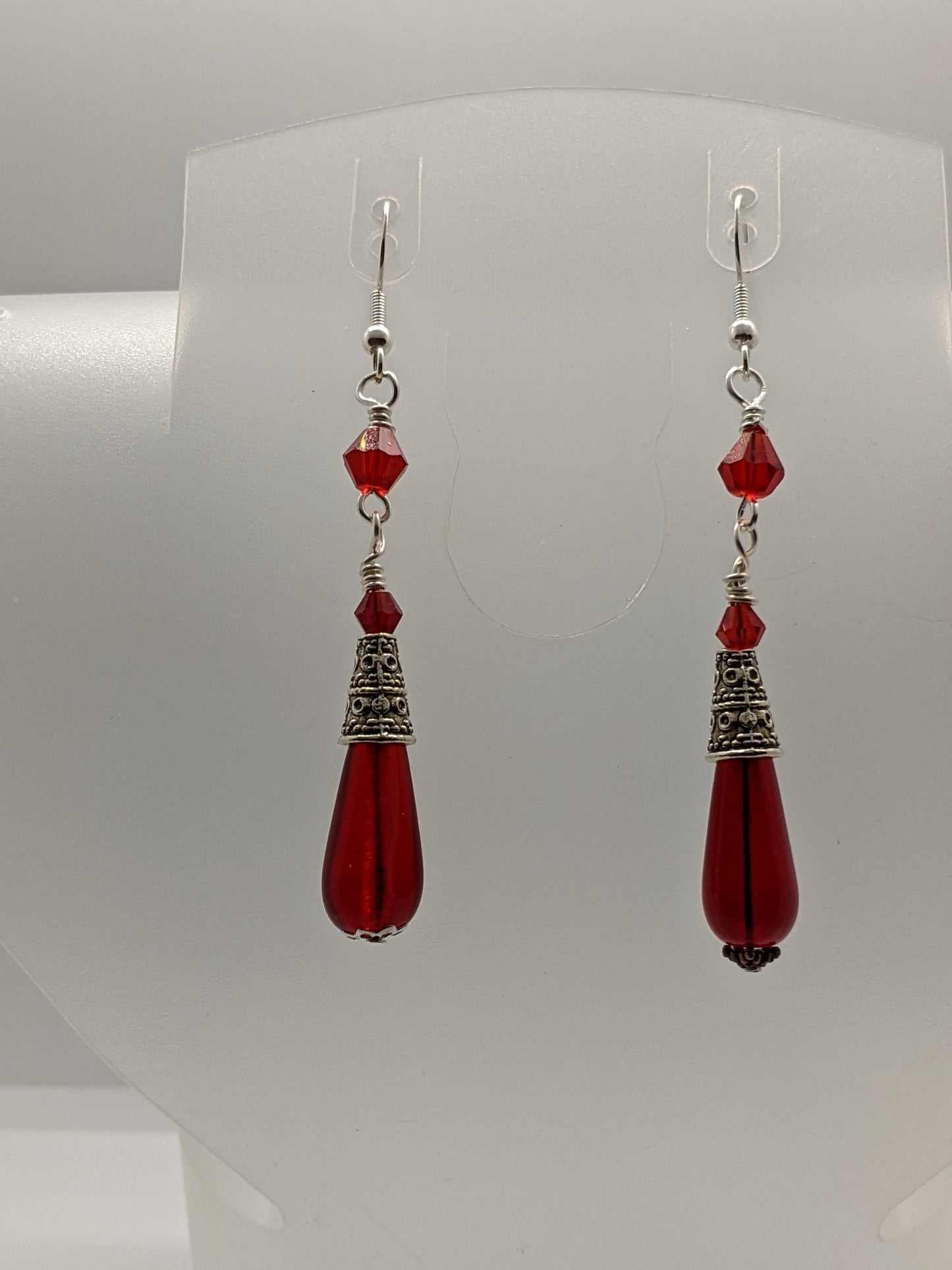 Czech Pressed Glass Dangle Earrings Beaded Earrings Dragon & Wolf Designs Ruby red  