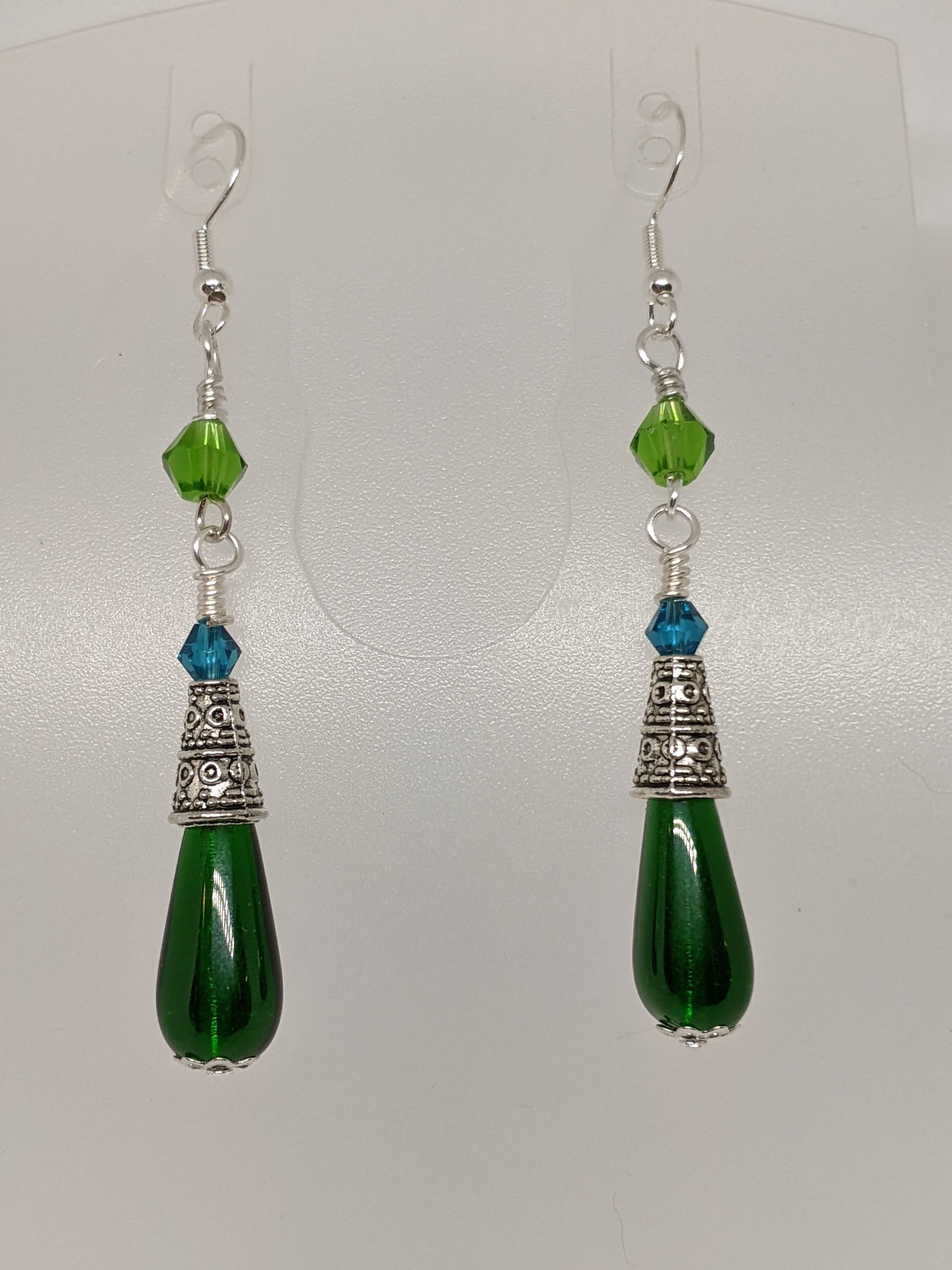 Czech Pressed Glass Dangle Earrings Beaded Earrings Dragon & Wolf Designs Emerald green  