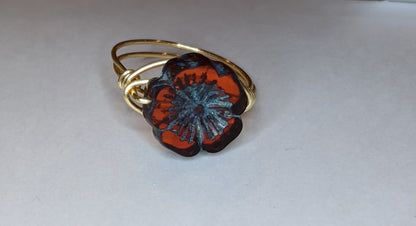 Wire Wrapped Gemstone Rings Rings Dragon & Wolf Designs Czech Pressed Glass Flower  