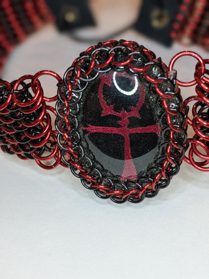 Hand Painted Ankh Cabochon Chainmail Choker Chainmail Necklaces Dragon & Wolf Designs   