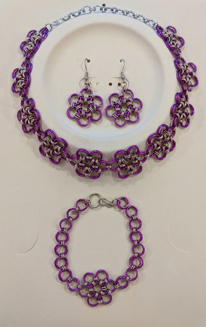 Purple and silver chainmail flower Jewelry Set:  Choker, bracelet and earrings