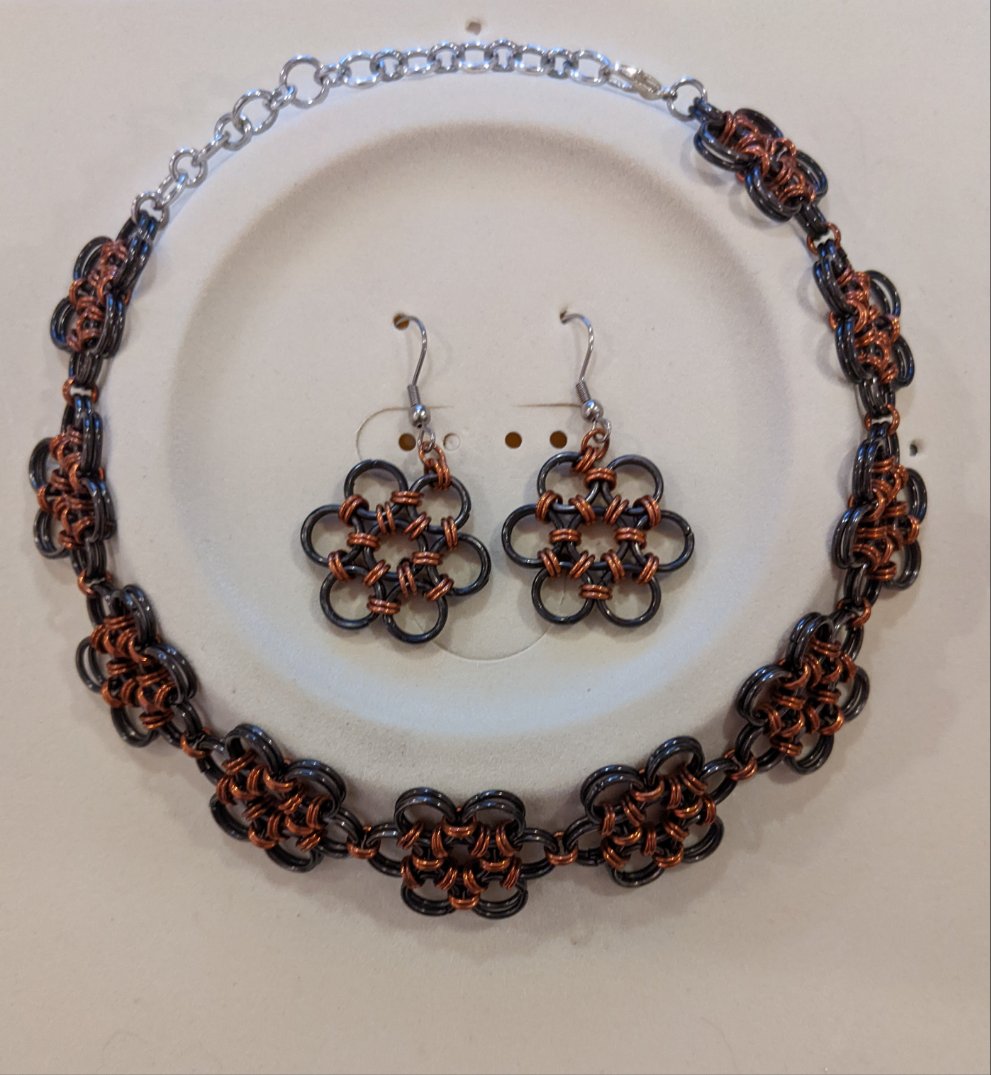 Handcrafted Chainmail Japanese Flower Set Chainmail Jewelry Sets Dragon & Wolf Designs Blackened Steel/Copper  
