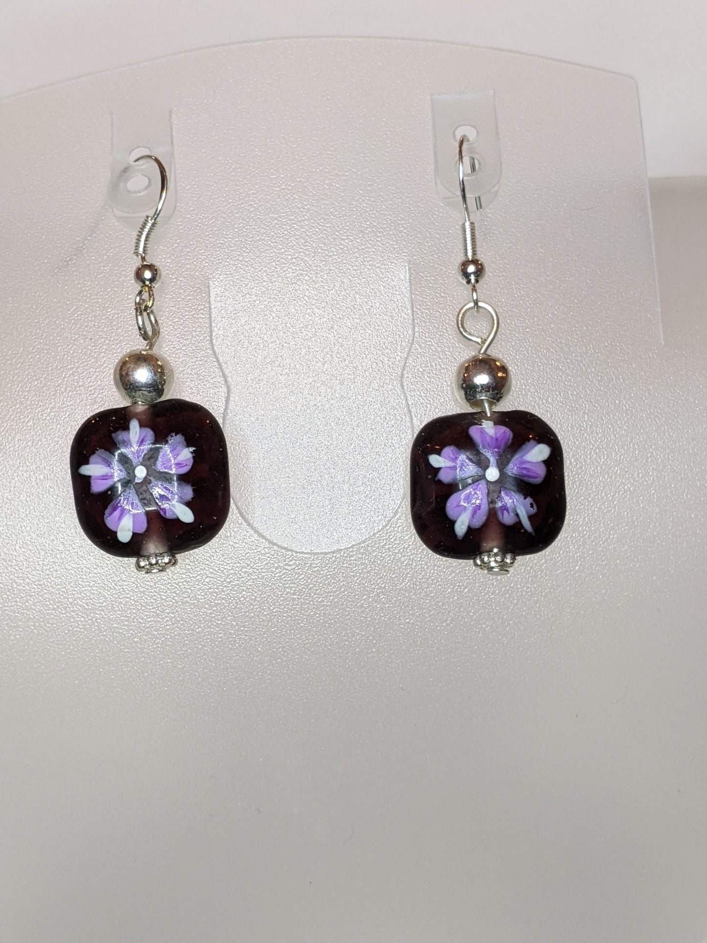Hand painted purple glass floral earrings Dangle Earrings Dragon & Wolf Designs   