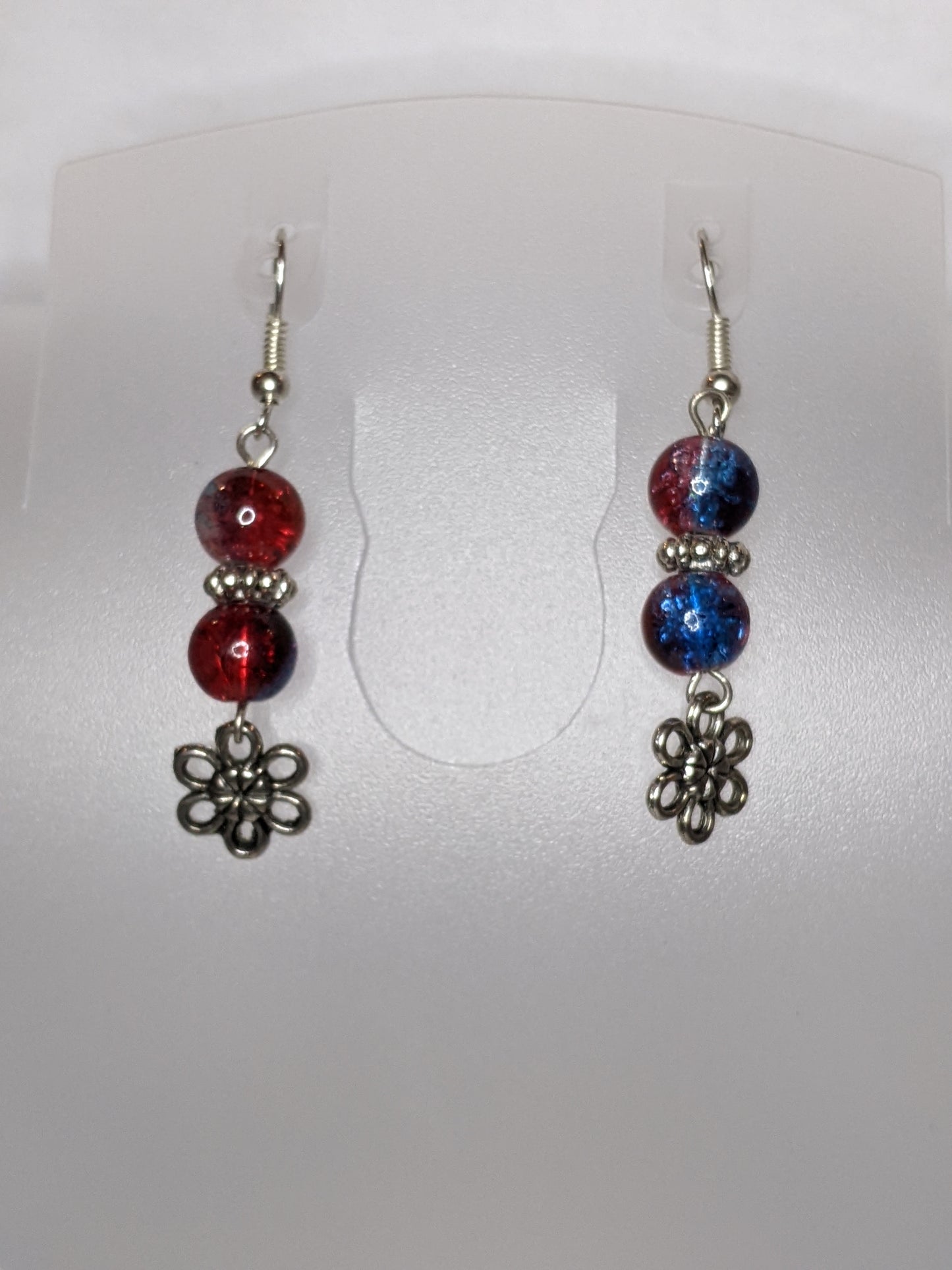 Beaded Dangle Earrings Beaded Earrings Dragon & Wolf Designs Blue/Red with Flower  