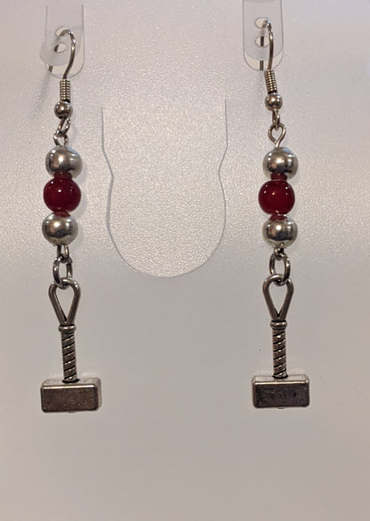 Beaded Silver Toned Hammer Charm Dangle Earrings Beaded Earrings Dragon & Wolf Designs red glass, pewter  