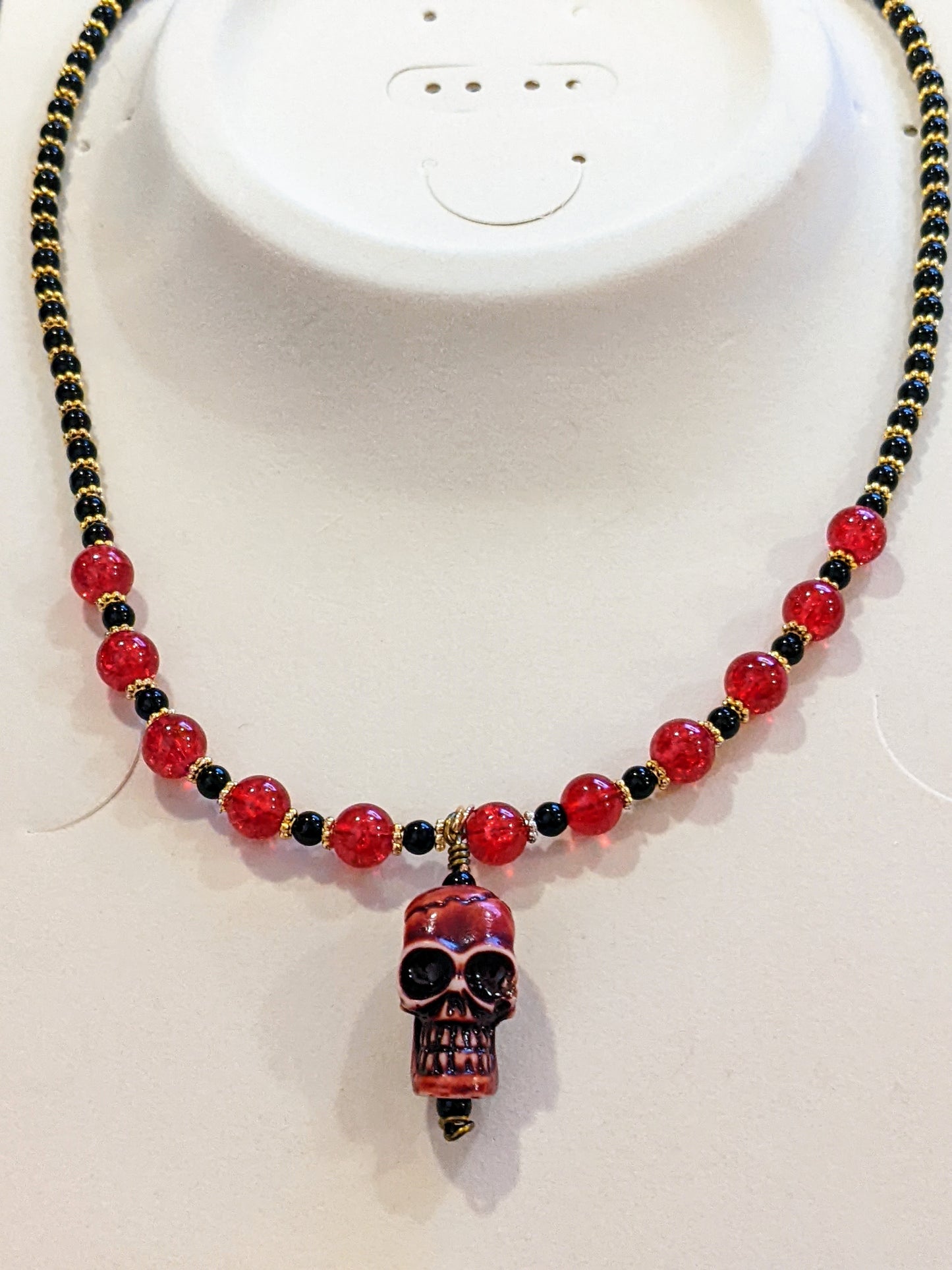 Red and Black Beaded Necklace with Skull Beaded Necklaces Dragon & Wolf Designs   