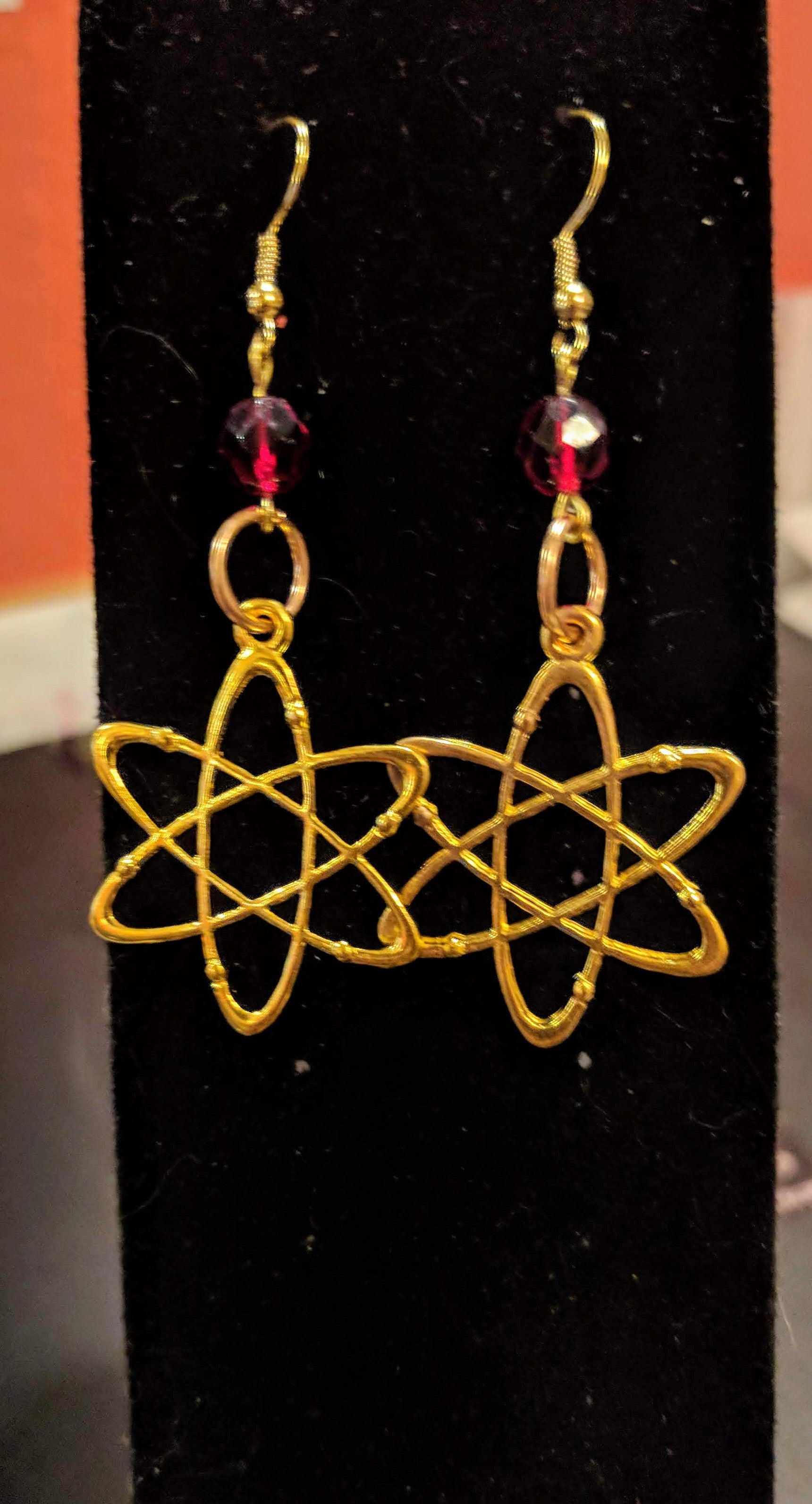 Atomic symbol dangle earrings Dangle Earrings Dragon & Wolf Designs Gold W RED BEAD FRENCH HOOK 
