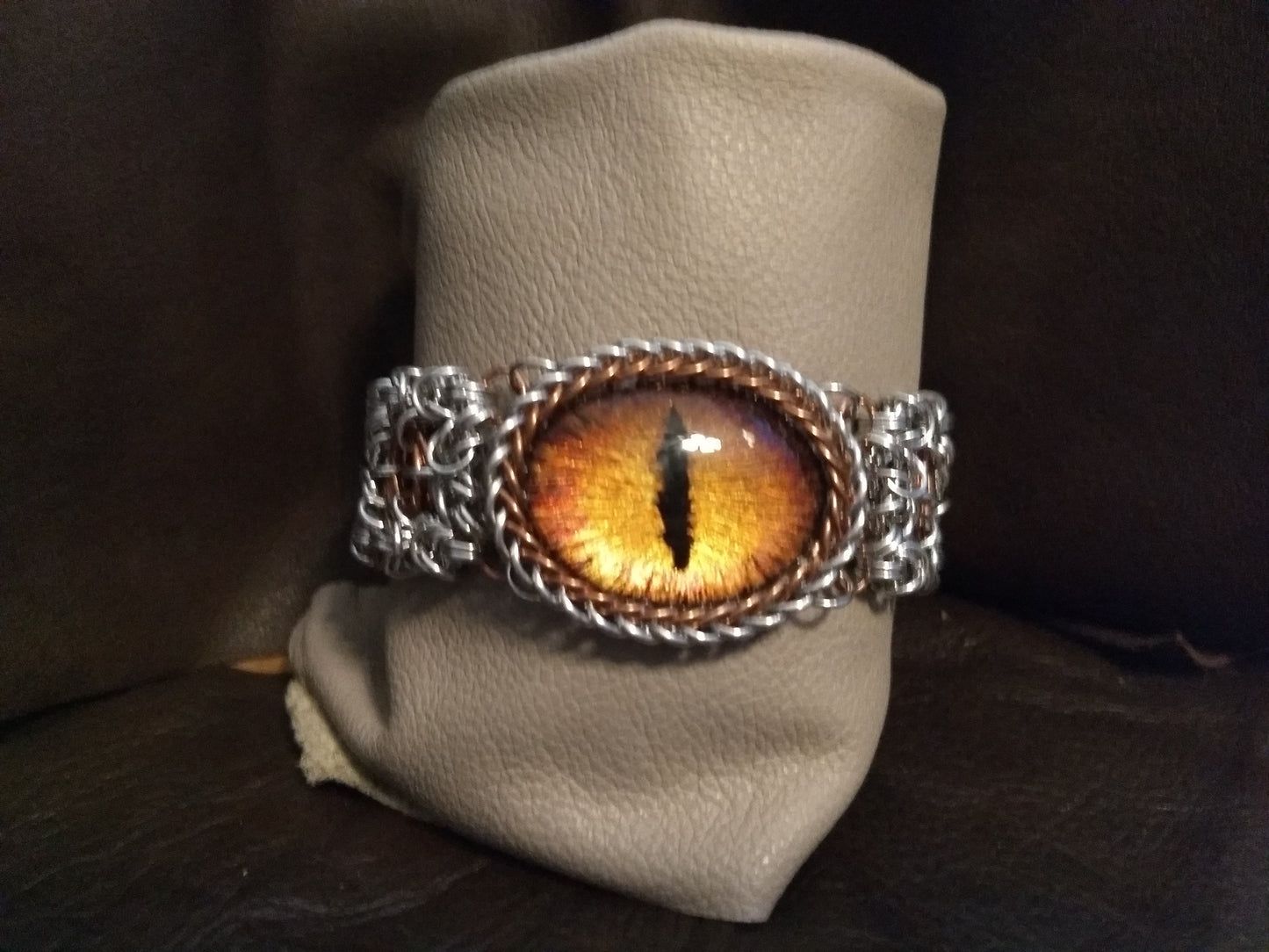 Striking Dragon Eye on a byzantine/moebius chainmail bracelet Chainmail Bracelets Dragon & Wolf Designs   