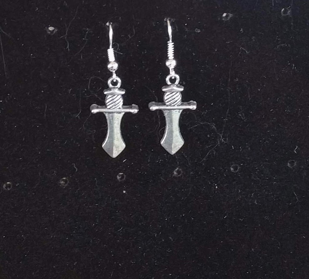 Silver Dagger Dangle Earrings Beaded Earrings Dragon & Wolf Designs Plain  